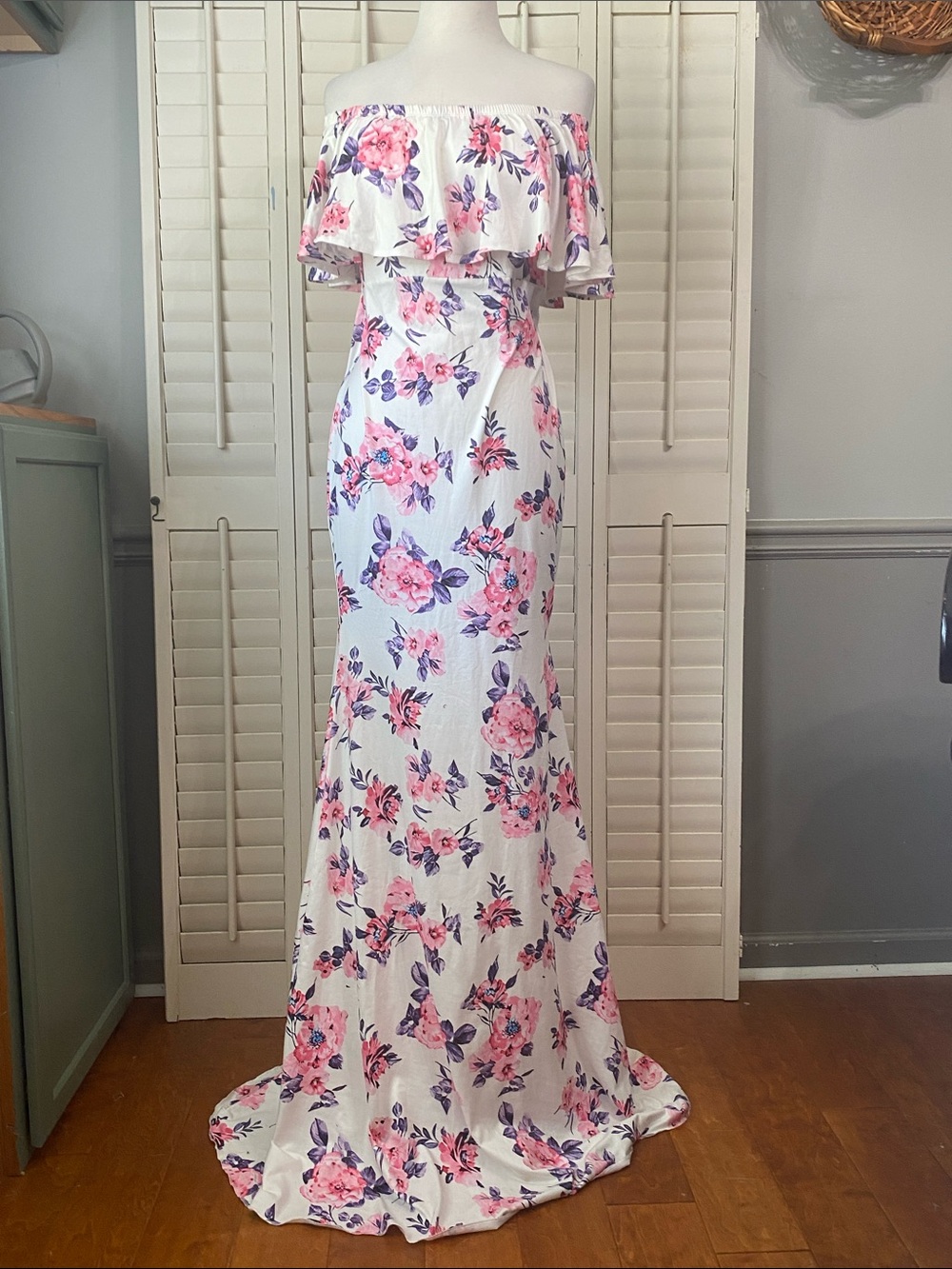 White Maxi Dress with Pink and Purple Floral Print - Picture 3 of 8